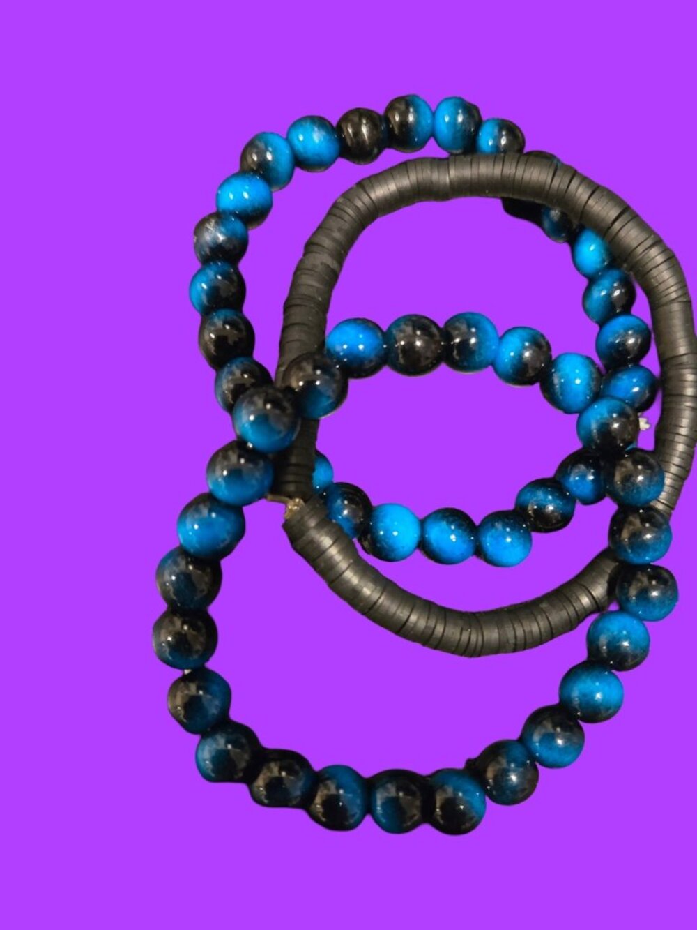 Blue/Black Beaded Bracelets 2 and 1 black fimo bead~ 3 bracelets~7 inches